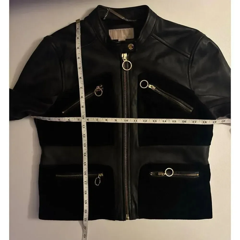 Rare ~Michael Michael Kors Suede-Paneled Lamb Leather Jacket in Black Size 10